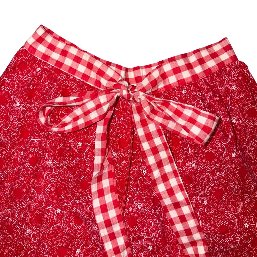 Red Patterned Ruffled Crop Pants with Gingham Trim - Picture 2 of 8